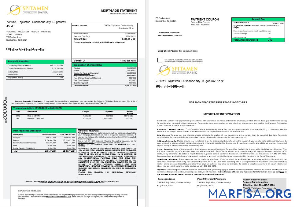 Printable Tajikistan Spitamen Bank mortgage statement in Word and PDF formats 1 2 download for verification